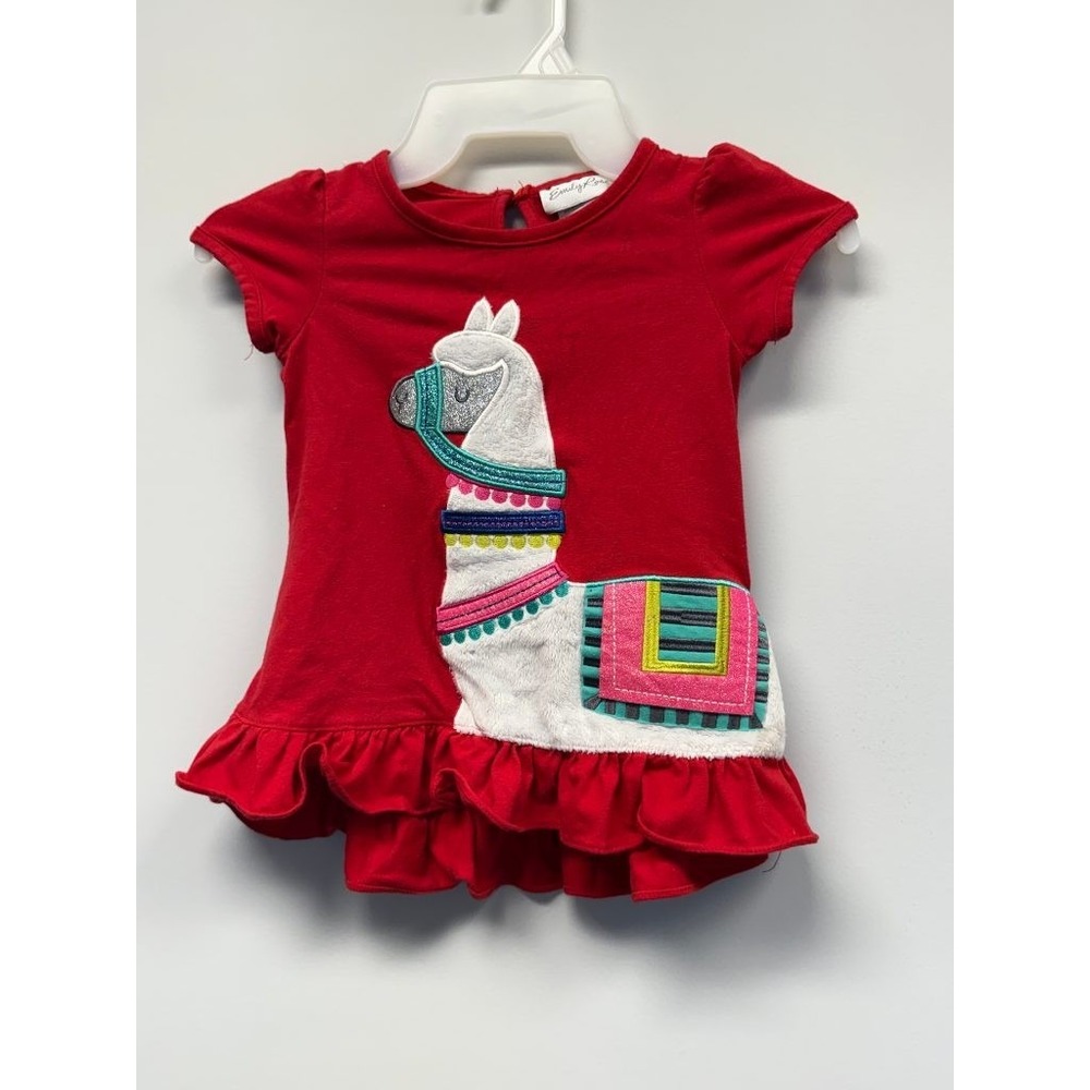 Emily Rose Girls 5 Red Llama Applique Ruffle Top Cap Sleeve Cotton Blend